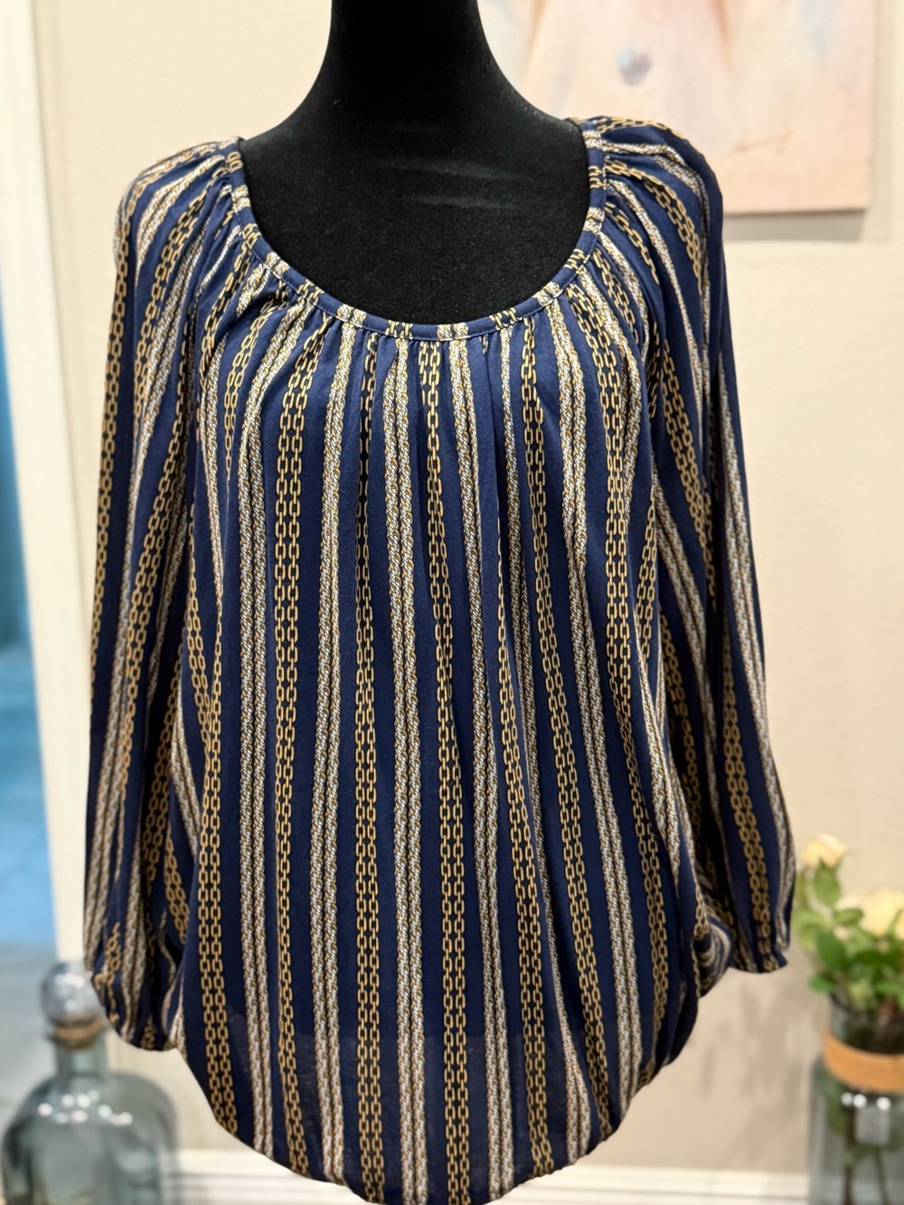 MICHAEL Michael Kors Navy and Gold Vertical Chain-Print Tunic